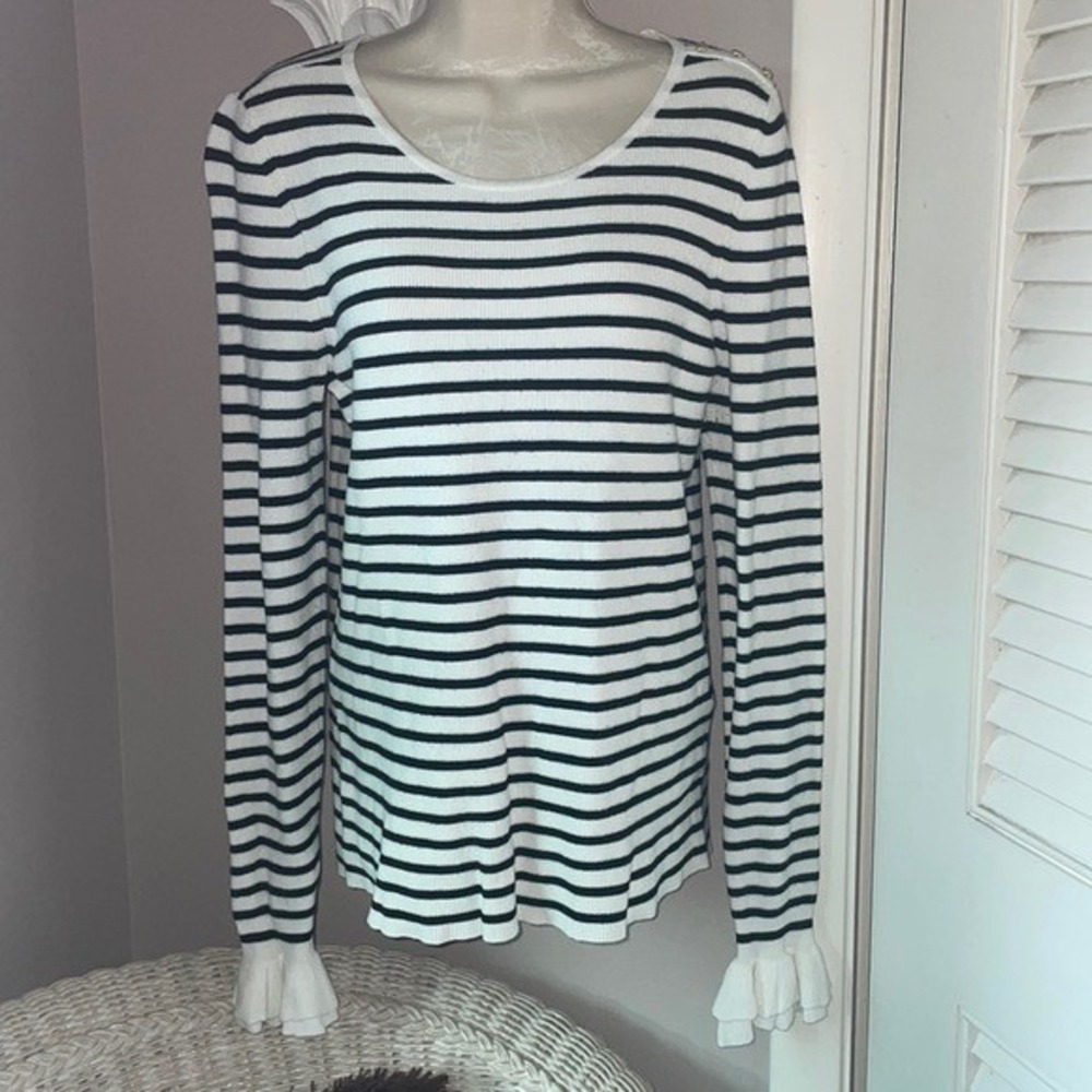 White House Black Market Striped Ruffle Cuff Button Shoulder Knit Top Medium